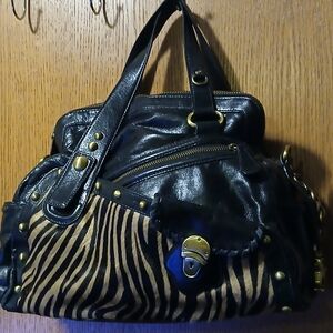 Kate Landry Black Leather & Zebra Print Hair Satchel Bag – Studded Boho Chic